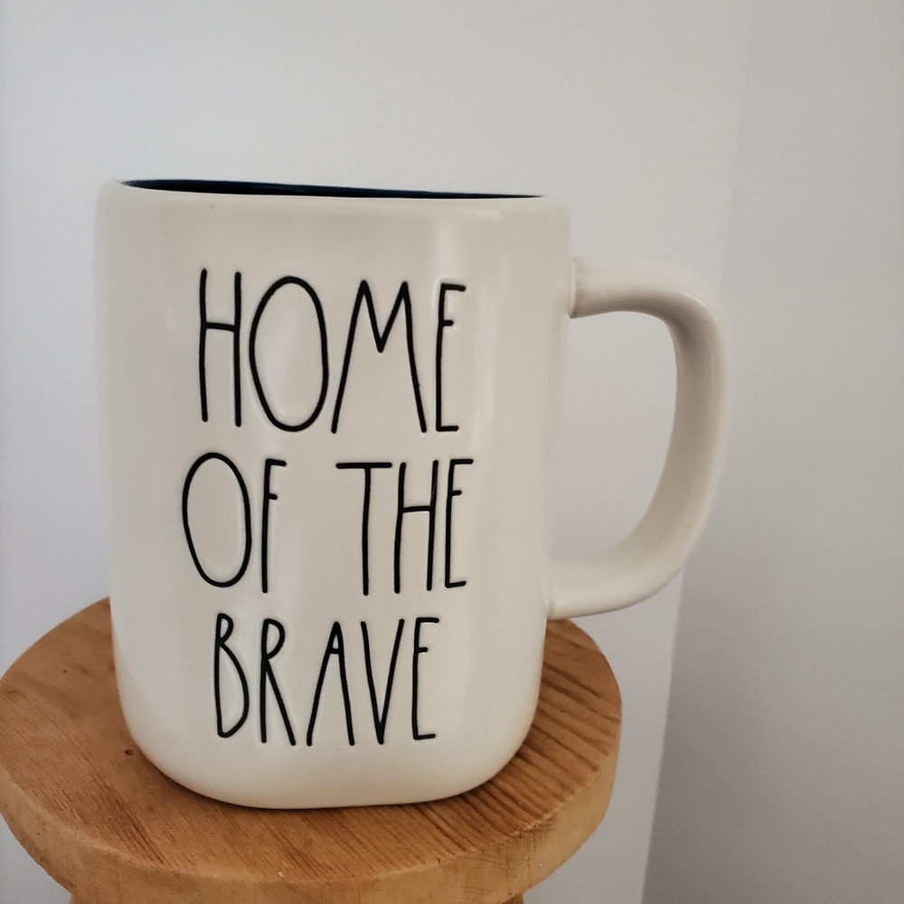 Rae Dunn Home Of The Brave Mug Blue inside